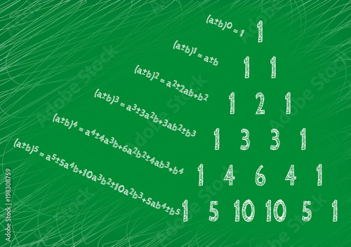 Theorem written by hand on a green board. Pascal's triangle.