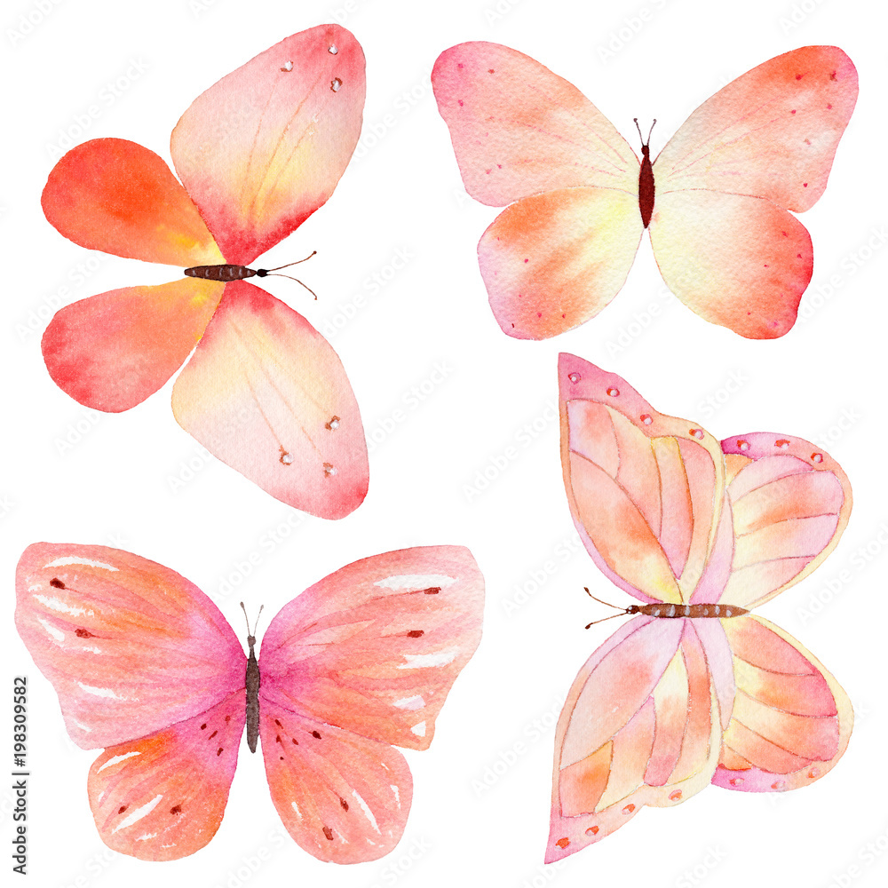 Set of colorful watercolor hand drawn butterflies.