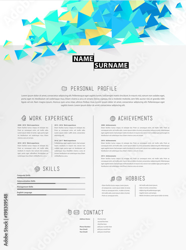 Creative simple cv template with polygonal triangle shapes.