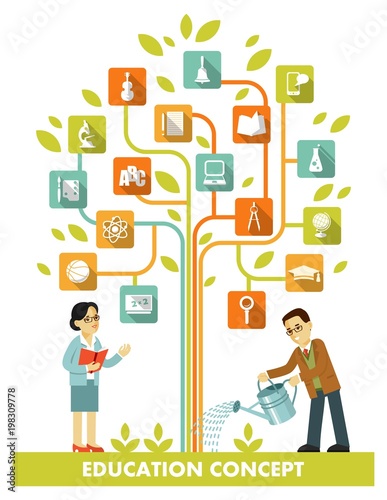 Education concept tree of knowledge. Teachers man and woman near the tree with school icons.