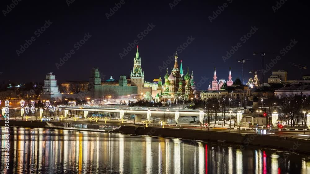 The Kremlin, St. Basil's Cathedral, Zaryadye Park and the suspension bridge in the evening, Moscow, Russia. 4K Video. Time laps The Kremlin, St. Basil's Cathedral, Zaryadye Park and the suspension bridge in the evening, Moscow, Russia. 4K Video. Time laps