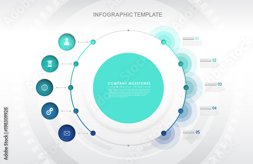 Infographic template with five colorful shapes and icons.