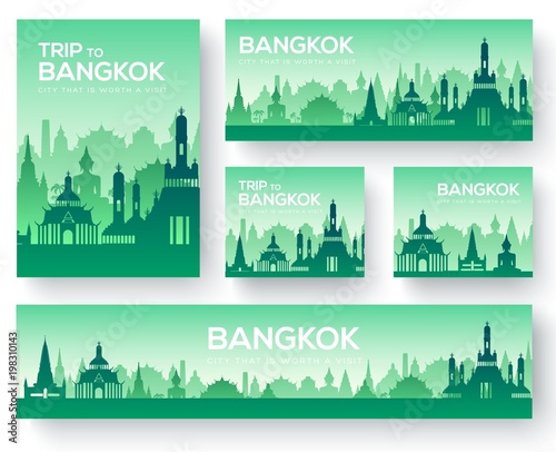 Set of Bangkok landscape country ornament travel tour concept. Culture traditional, magazine, book, poster, abstract, element. Vector decorative ethnic greeting card or invitation background
