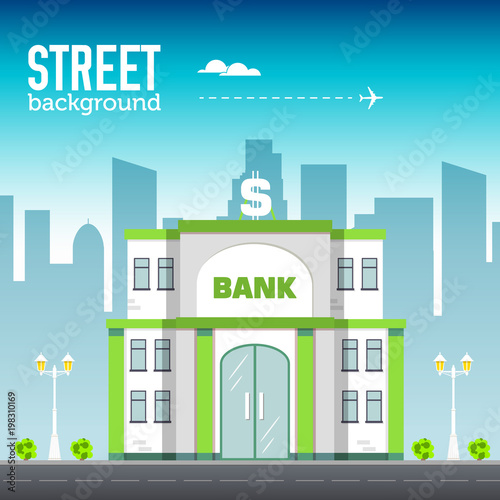 bank building in city space with road on flat syle background concept. Vector illustration design