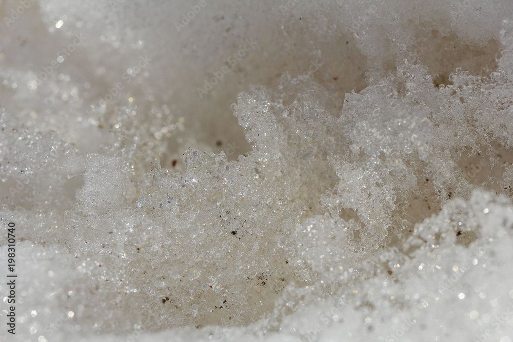 Texture of melting snow, ice crystals close-up. Abstract background Texture of melting snow, ice crystals close-up. Abstract background