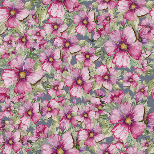 Seamless floral pattern made of purple malva flowers on grey background. Watercolor painting. Hand drawn and painted illustration.