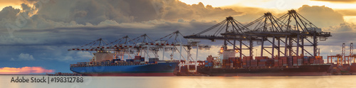 Panorama of logistic port with container loading and vessel