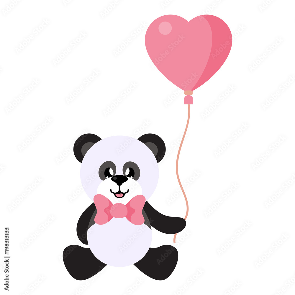 Naklejka premium cartoon panda vector sitting with tie and lovely balloons