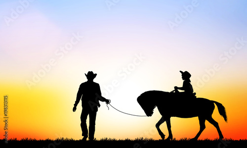 Silhouette of boy riding a horse on white background.