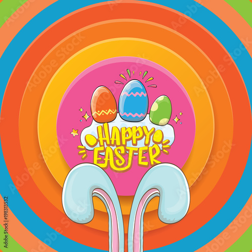 happy easter greeting card wtih bunny, calligraphic text, clouds , rainbow and color easter eggs. vector easter kids cartoon poster