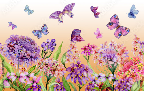 Summer wide banner. Vivid iberis flowers and colorful butterflies on orange background. Seamless panoramic floral pattern. Watercolor painting. Hand painted illustration.