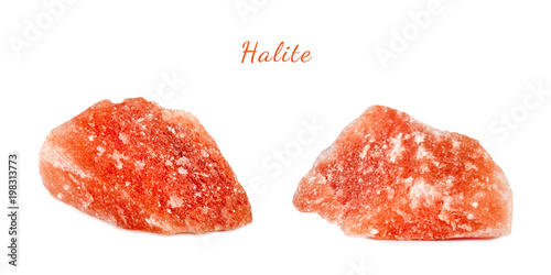 Macro shooting of natural gemstone. Raw mineral halite, Pakistan. Isolated object on a white background.