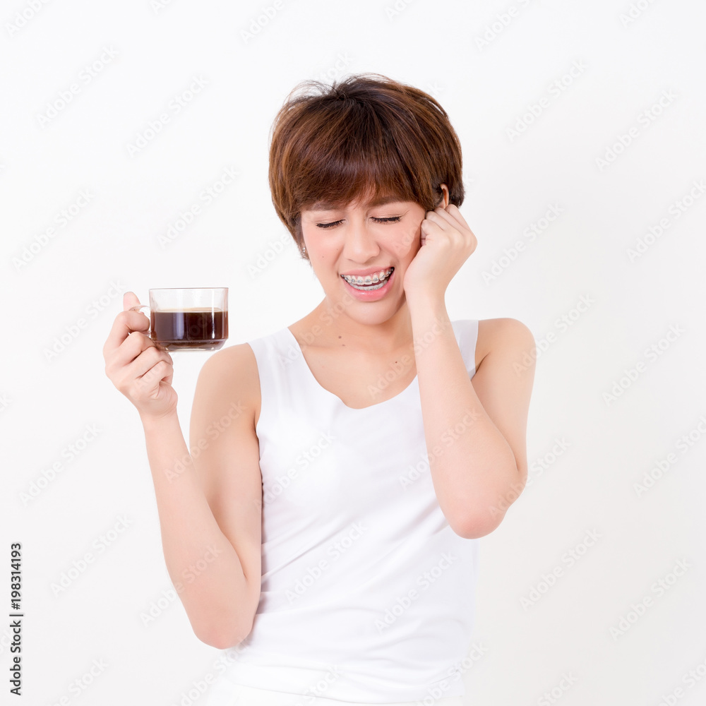 Beautifulyoung Asia woman with a cup of hot coffee. Isolated on white background. Studio lighting. Concept for healthy. Beautifulyoung Asia woman with a cup of hot coffee. Isolated on white background. Studio lighting. Concept for healthy.