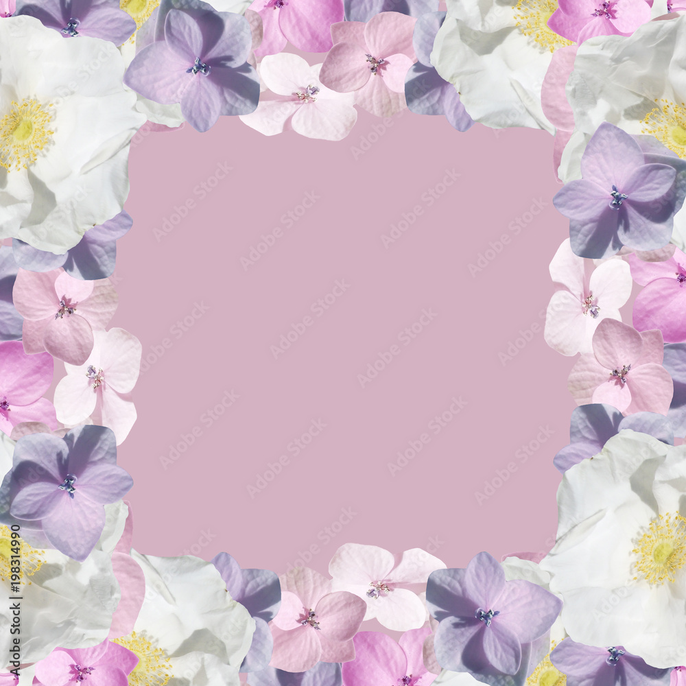 Fototapeta premium Beautiful floral background of hydrangea and rosehips 