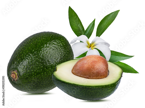 Fresh avocado with leafs isolated on white background with clipping path