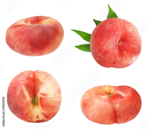 Three chinese flat donut peaches with leaf isolated on white with clipping path