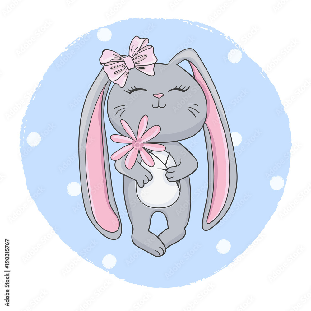 Cute cartoon rabbit girl with flower. Vector illustration of little bunny  for kids. Stock Vector | Adobe Stock