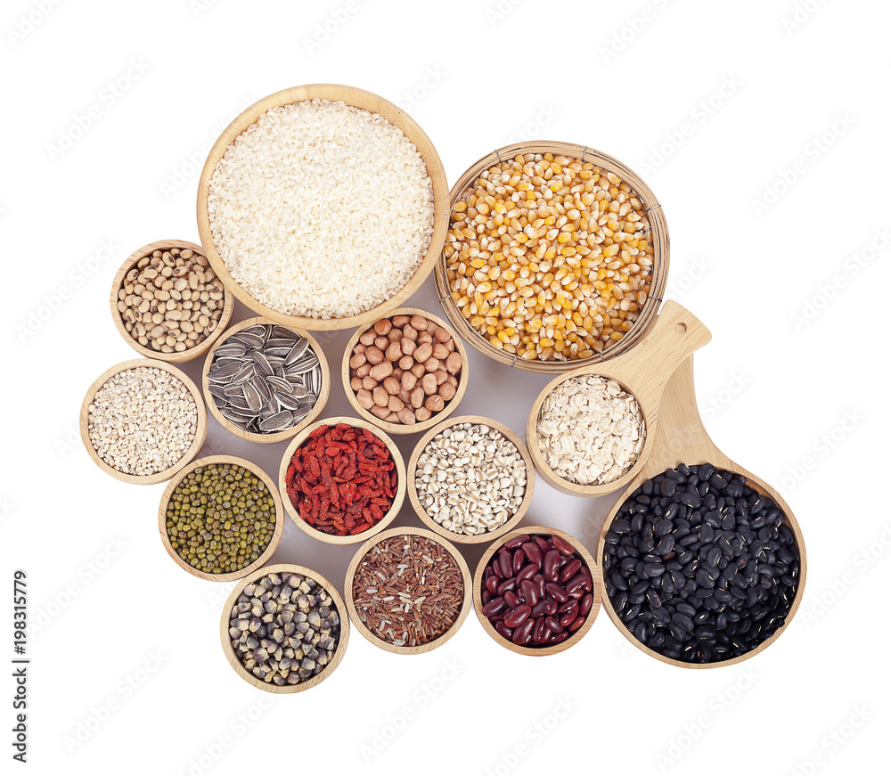 Cereal grains , seeds, beans on wooden background Cereal grains , seeds, beans on wooden background
