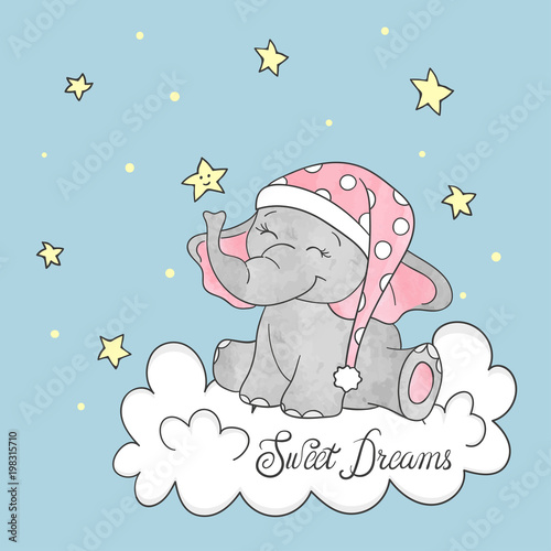 Cute little elephant on the cloud. Sweet dreams vector illustration for kids.