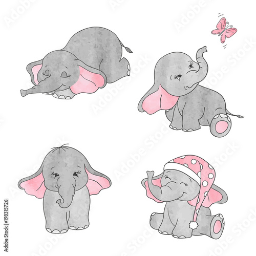 Set of cute cartoon baby elephants. Vector watercolor illustration.