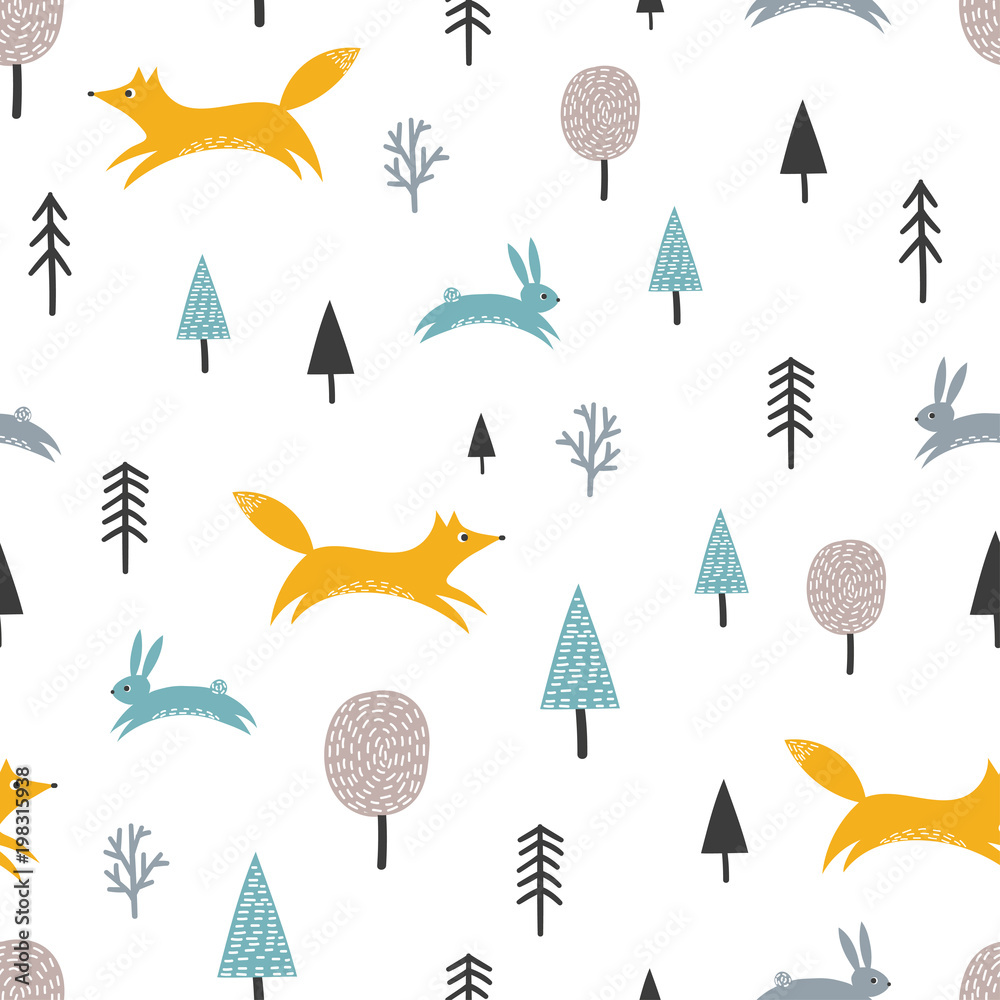 Plakat Bezszwowy wzór z ślicznym lisem, zając i drzewami. Tło lasu, styl skandynawski.