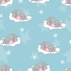 Handdoek met foto Slapende dieren patronen Slapende olifantjes op zachte wolken  © Afanasia