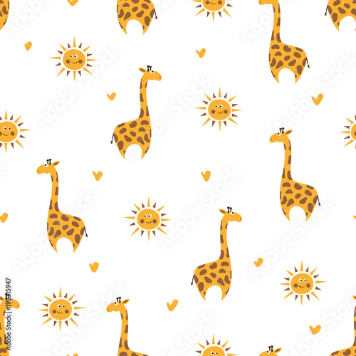 Seamless vector pattern with cute cartoon giraffe and sun.