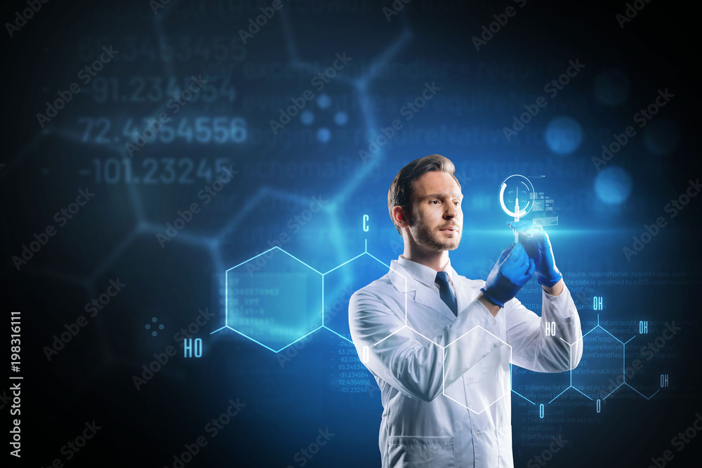 Futuristic laboratory. Calm careful young doctor holding a syringe and looking concentrated while getting ready for the injection Futuristic laboratory. Calm careful young doctor holding a syringe and looking concentrated while getting ready for the injection
