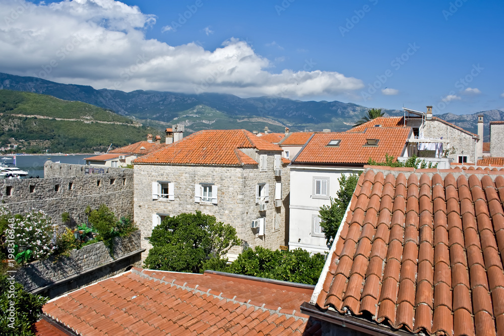 Red roofs in the city of Budva, Montenegro. View from above.