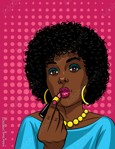 Colorful illustration in pop art style of beautiful african american girl doing makeup . Fashionable woman holding lipstick in her hand over  pink halftone dot background