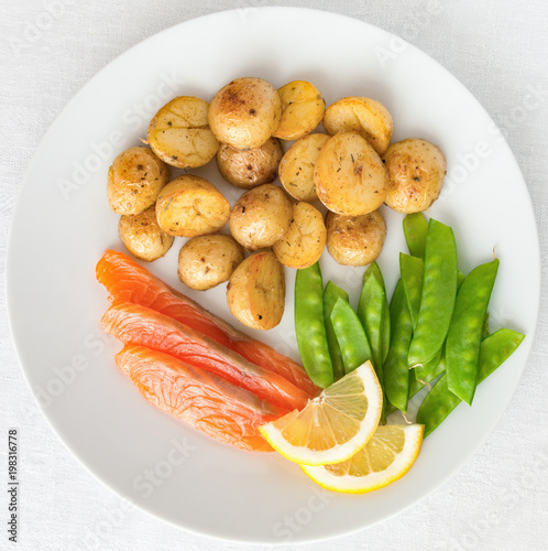 a plate with freshly salted salmon, fried young potatoes, and sweet pea pods