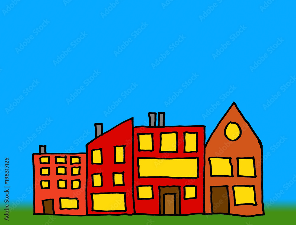 Rows of illustrated colorful houses on blue background