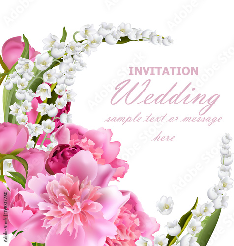 Peony flowers and lily of the valley bouquet. Wedding invitation or birthday ...