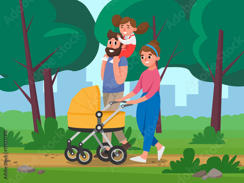 Happy Family walking in the Park on background of trees and Cityscape