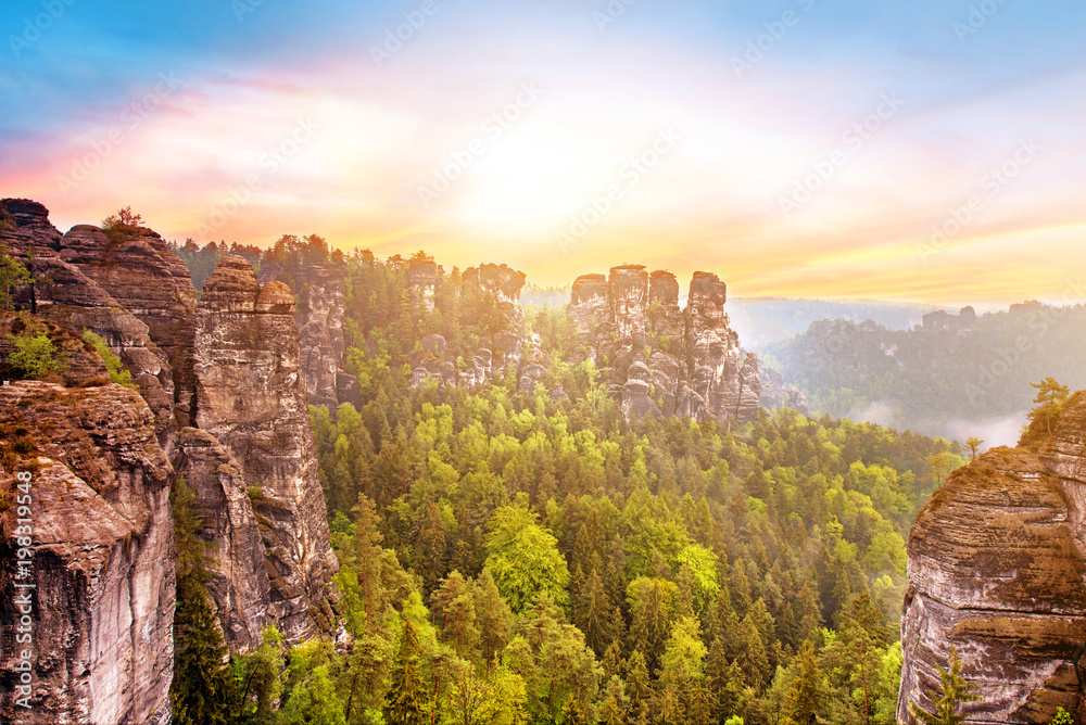 Mystical landscape with rocks near Rathen, Germany, Europe (Sachsische Schweiz)