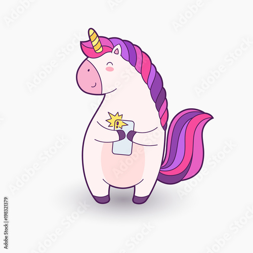 Cute cartoon magical unicorn. Vector illustration. Template for printing, background, texture, wallpaper, postcard. Unicorn holding a phone and makes selfie © yepifanovahelen