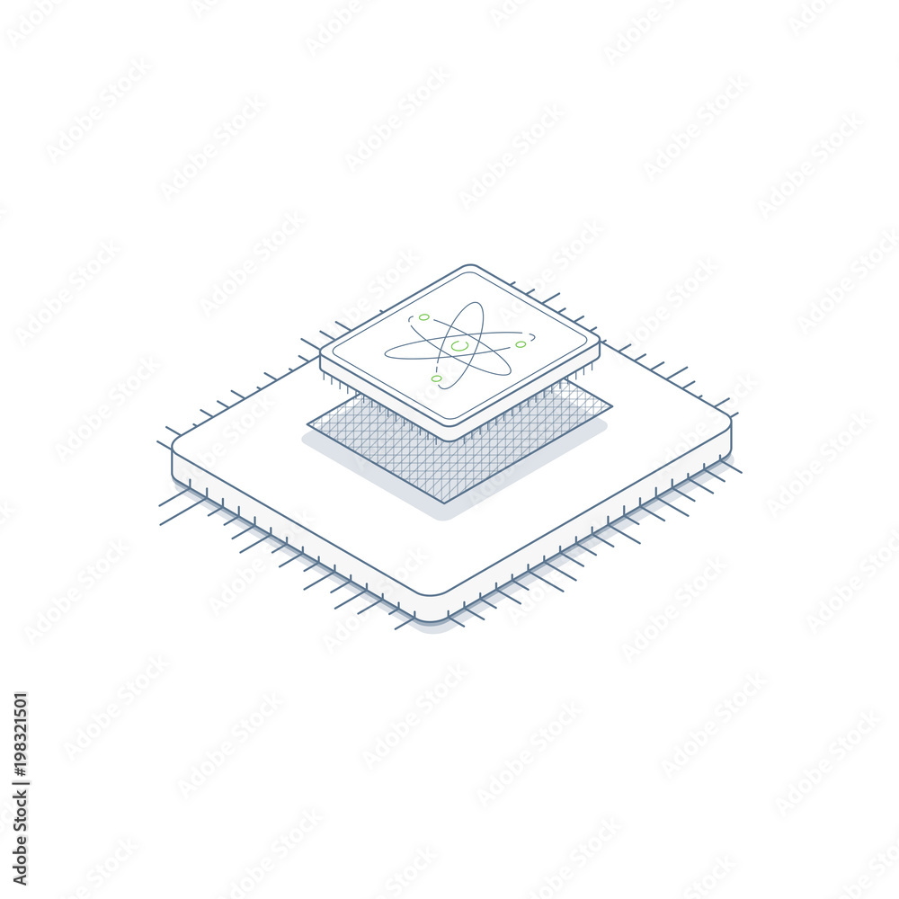 CPU processor and socket. Computer microchip with atom logo. Circuit with line legs. Thin modern processor and 3d isometric effect. CPU processor and socket. Computer microchip with atom logo. Circuit with line legs. Thin modern processor and 3d isometric effect.