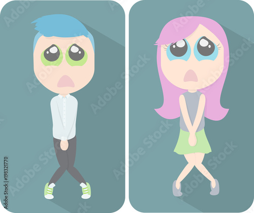 Flat cartoon bathroom sign with a modern young man and woman having the urge to urinate. Illustration EPS 10 Vector.