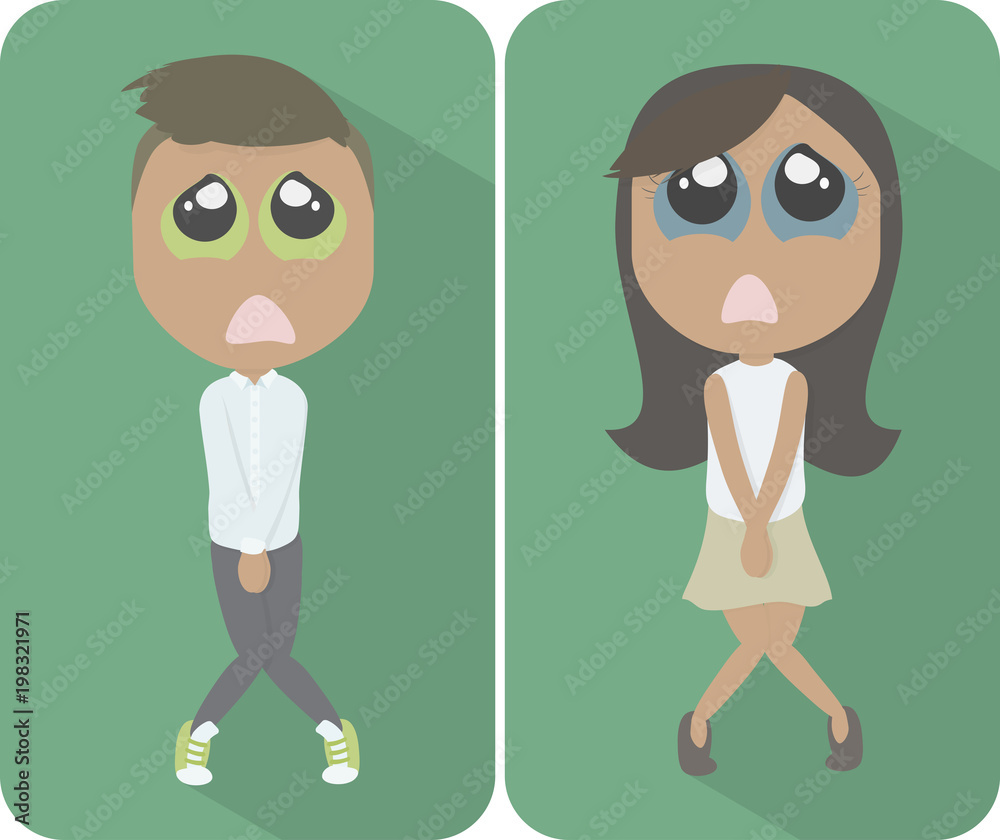 Flat cartoon bathroom sign with a modern young man and woman having the urge to urinate. Illustration EPS 10 Vector. Flat cartoon bathroom sign with a modern young man and woman having the urge to urinate. Illustration EPS 10 Vector.