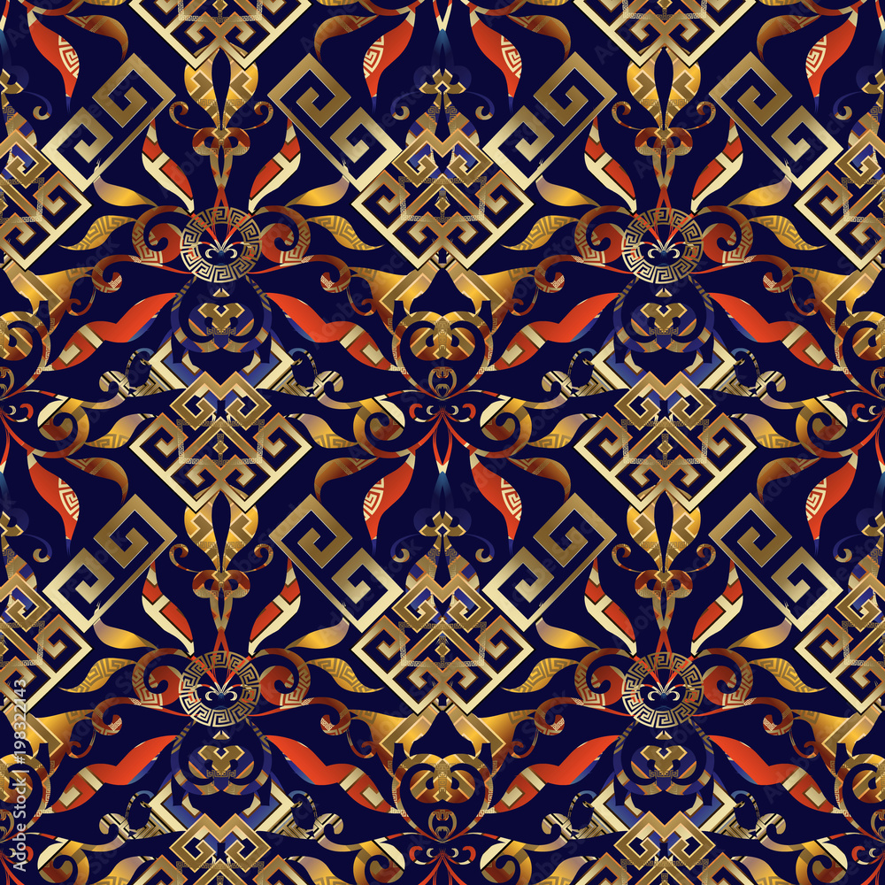 Floral greek key seamless pattern. Vector abstract geometric bright  background.  Vintage flowers, swirls, leaves, lines, circles, shapes, figures, gold meander ornaments. Patterned ornate 3d texture.