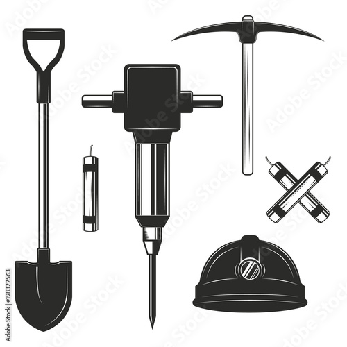 Set of vintage monochrome coal mining elements. Vector illustration