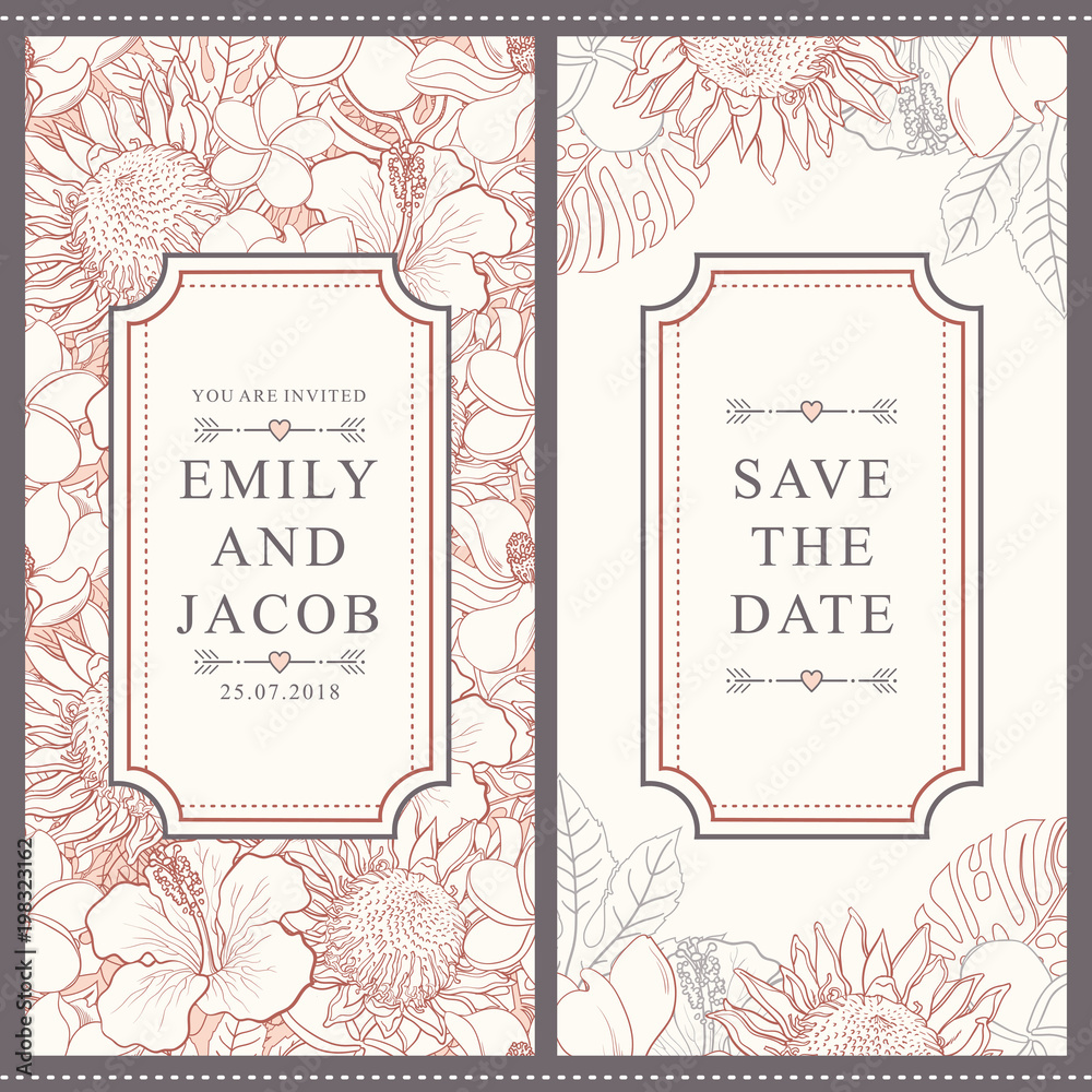 Fototapeta premium Karta zaproszenie na ślub z przetargu ręcznie rysowane tropikalne kwiaty w delikatnych kolorach niebieskim i czerwonym. Delikatny szablon zaproszenia na romantycznym tle kwiatów z egzotycznymi kwiatami i liśćmi. Ilustracji wektorowych.