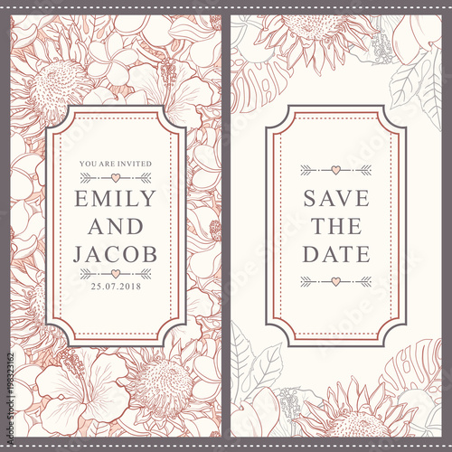 Wedding invitation card with tender hand drawn tropical flowers in soft blue and red colors. Gentle invitation template on romantic floral backdrop with exotic blooms and leaves. Vector illustration.