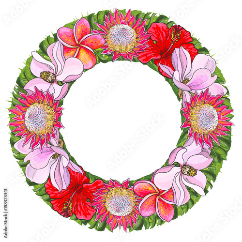 Tropical flowers and palm leaves in floral composition in form of circle isol...