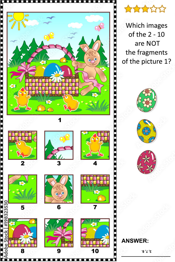 Easter holiday themed visual logic puzzle with Easter bunny, eggs, chicks and basket: What of the 2 - 10 are not the fragments of the picture 1? Answer included.
