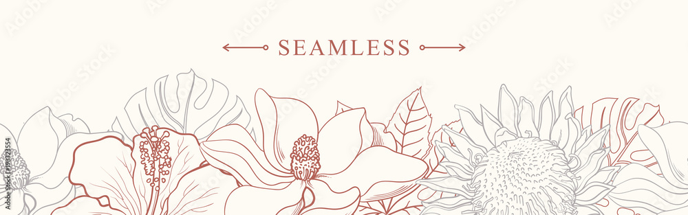 Tropical flowers border seamless pattern in sketch style on white background - hand drawn exotic blooms of hibiscus, protea, magnolia and plumeria with colorful line contour. Vector illustration. - obrazy, fototapety, plakaty 