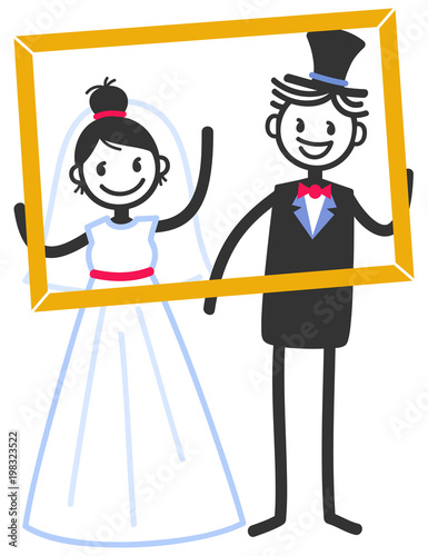 Vector wedding illustration of cute stick figures bridal pair standing inside picture frame isolated on white background