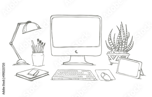 Hand drawn vector illustration - Concept of creative office workspace. Working place with computer, notebook, tablet, lamp, documents and flowers