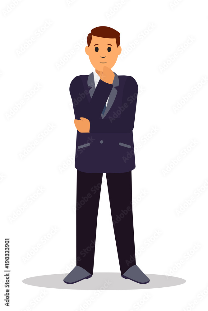 Standing businessman making thinking gesture. Front view. Flat style vector illustration isolated on white background. Eps 10 Standing businessman making thinking gesture. Front view. Flat style vector illustration isolated on white background. Eps 10