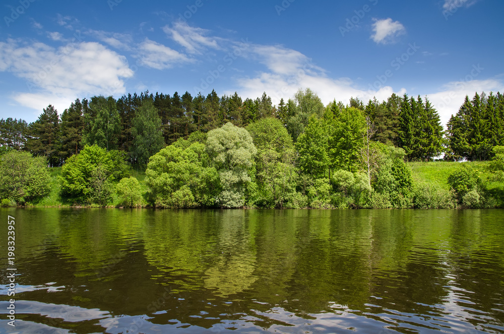 The lake is surrounded by trees along the banks